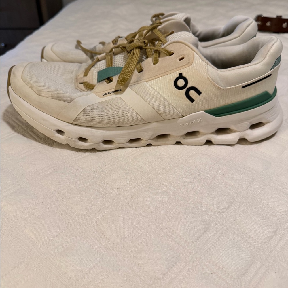 On Running White and Green Sneakers